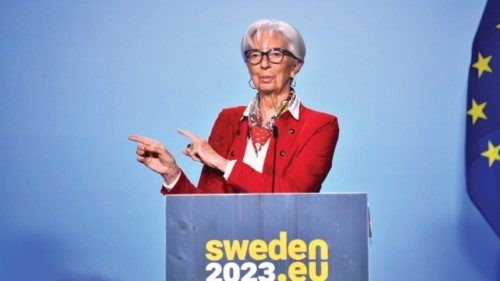 epa10596405 President of the European Central Bank Christine Lagarde speaks at Informal meeting of ...