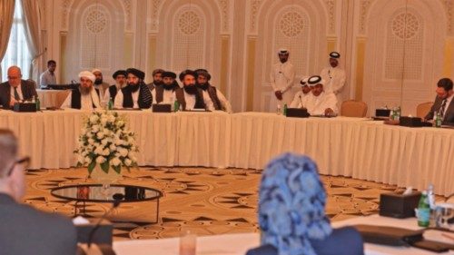 (FILES) In this file photo taken on October 12, 2021, a Taliban delegation meets with foreign ...