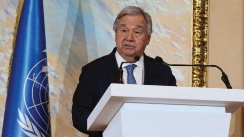 United Nations Secretary General, Antonio Guterres, delivers a press statement to reporters after a ...