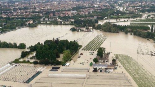 An aerial view shows a flooded area after heavy rains hit Italy's Emilia Romagna region, in Massa ...