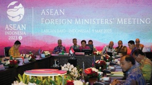 epa10616337 Indonesian Foreign Minister Retno Marsudi (C) delivers her opening speech during the ...