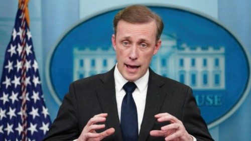 FILE PHOTO: U.S. White House national security adviser Jake Sullivan speaks at a press briefing at ...