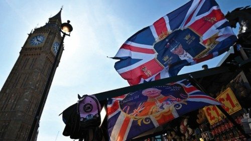 TOPSHOT - A Coronation-themed Union flag is pictured at a souvenir stall near the Elizabeth Tower, ... TOPSHOT - A Coronation-themed Union flag is pictured at a souvenir stall near the Elizabeth Tower, ...