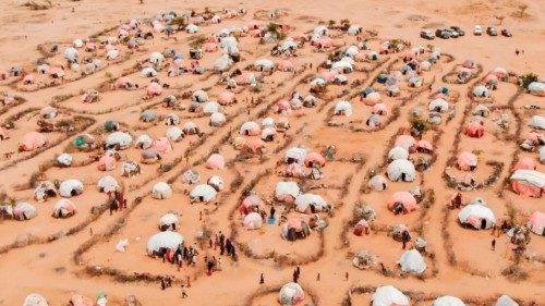 TOPSHOT - This aerial view shows makeshift structures of people displaced by drought at the Ladan ...