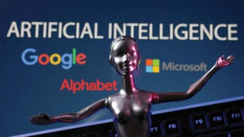 FILE PHOTO: Google, Microsoft and Alphabet logos and AI Artificial Intelligence words are seen in ...
