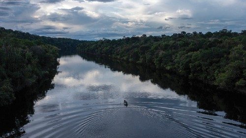 A drone view of the Manicore river, deep inside the Amazonia rainforest, Amazonas state, Brazil, on ...