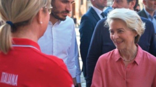 La presidente della Commissione UE, Ursula von der Leyen, durante la sua visita a Cesena, città ...