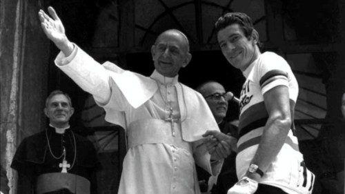 Pope Paul VI gestures as he talks to Felice Gimondi, Italian cycling star May 16, 1974, when the ...