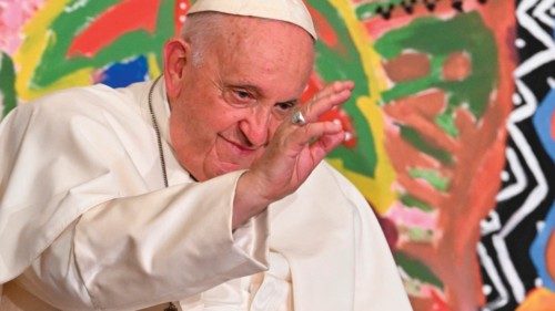 Pope Francis blesses attendees as he takes part in the 'Eco-Educational Cities' conference organised ...