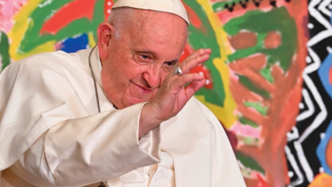 Pope Francis blesses attendees as he takes part in the 'Eco-Educational Cities' conference organised ...