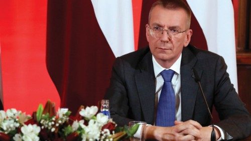epa10664713 Latvia's President-elect Edgars Rinkevics attends a press conference after the Latvian ...