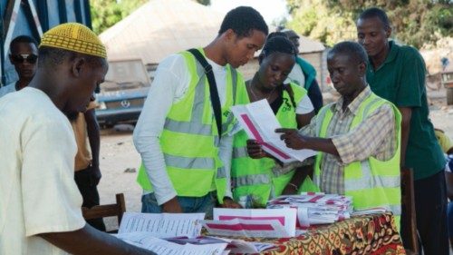 Gabu, Guinea-Bissau - April 13, 2014: Polling station, ballot boxes and international election ...