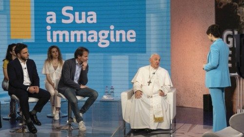 Pope Francis appears at 'In His Image' TV programme filming at Rai studios in Rome, Italy May 27, ...