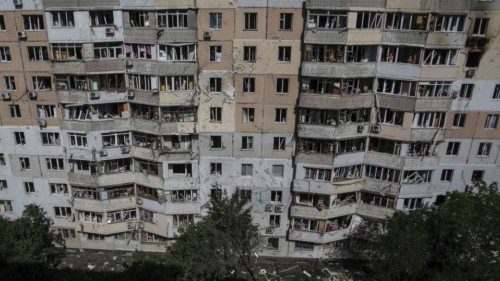 A view shows an apartment building damaged during a massive Russian drone strike, amid Russia's ...