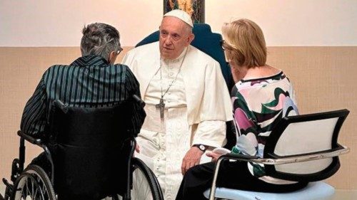 This photo taken and issued as a handout by the Vatican media on June 15, 2023 shows Pope Francis ...