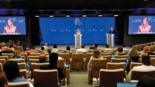 President of the European Parliament Roberta Metsola speaks during a press conference during a ...