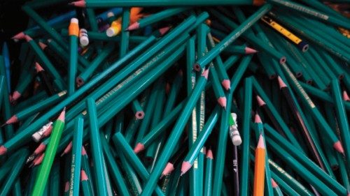 This photograph taken on August 11, 2023, shows pencils at a charity centre set up to distribute ...