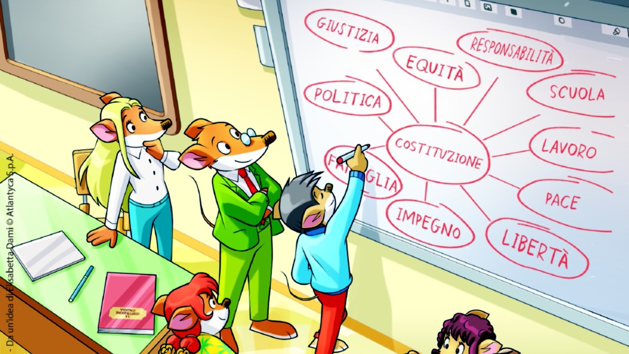 geronimo e topitilla davanti alla lavagna nell aula di scuola di benjamin e trappy mentre, insieme ...