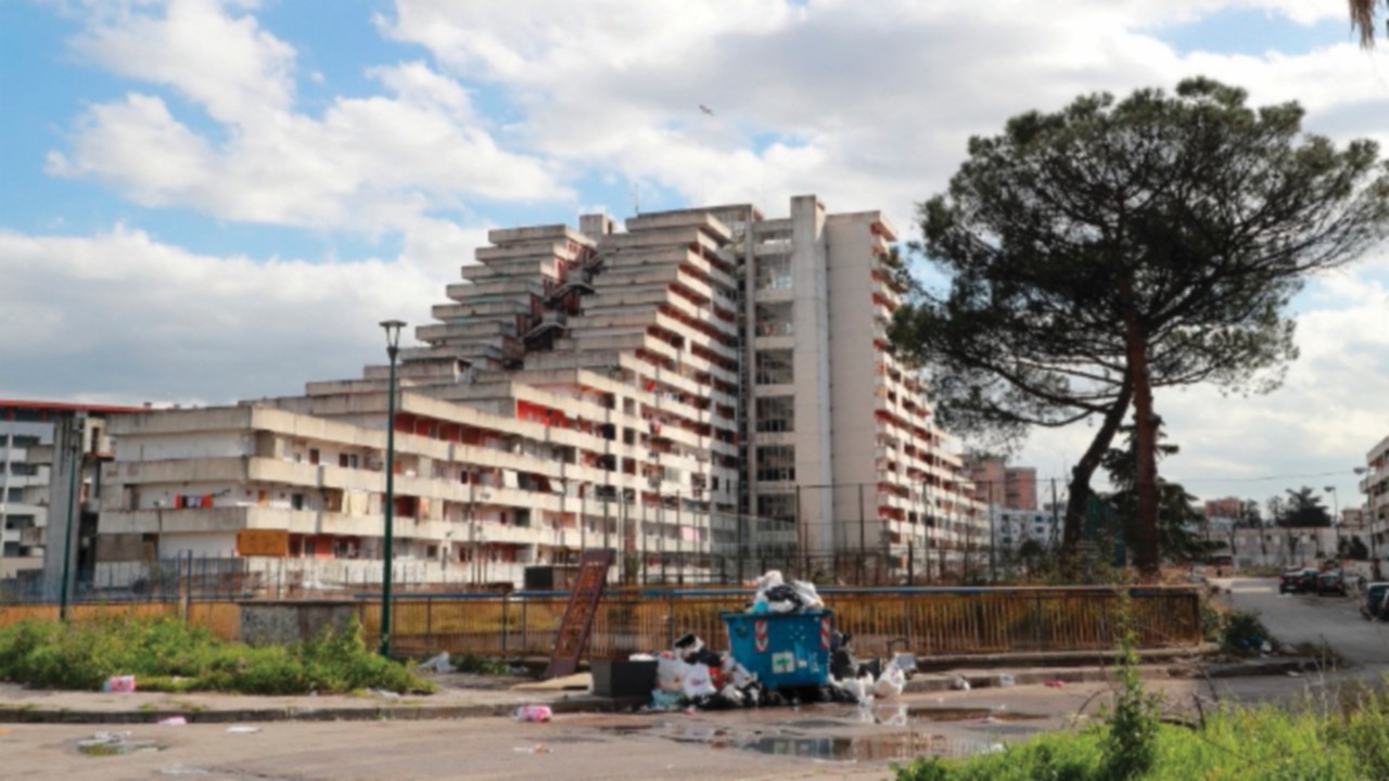 A picture taken on Febuary 28, 2020 shows the 'vele di Scampia' buildings in a poor neighborhood of ...