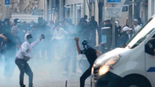 TOPSHOT - Protesters clash with CRS riot police in Marseille, southern France on June 30, 2023, over ...