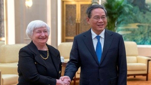 epa10731501 Chinese Premier Li Qiang (R) shakes hands with US Treasury Secretary Janet Yellen (L), ...