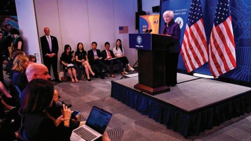 US Treasury Secretary Janet Yellen (R) speaks during a press conference at the Beijing American ...