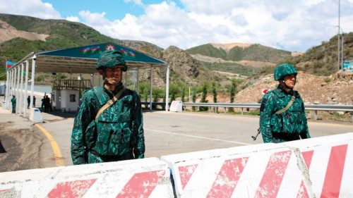 (FILES) A view of an Azerbaijani checkpoint recently set up at the entry of the Lachin corridor, the ...