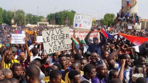 Demonstrators gather in support of the putschist soldiers in the capital Niamey, Niger July 30, ...