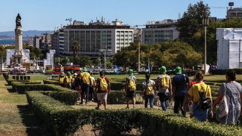 epa10775893 Volunteers survey the various sectors of Parque Eduardo VII, where the Opening Mass of ...