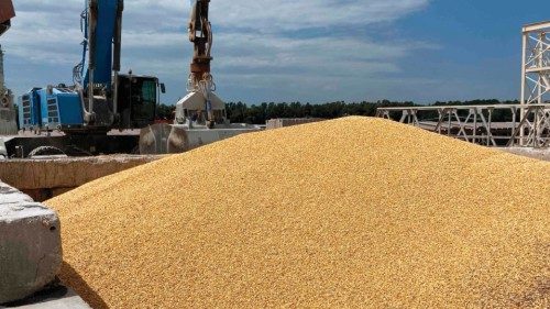 A pile of maize grains is seen on the pier at the Izmail Sea Port, Odesa region, on July 22, 2023. ...