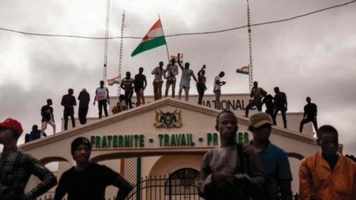 TOPSHOT - Protesters hold a Niger flag during a demonstration on independence day in Niamey on ...