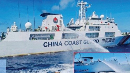 China Coast Guard allegedly uses a water cannon against the Philippine Coast Guard vessels, which ...