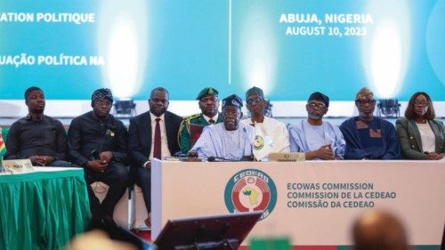 epa10793177 The President of Nigeria Bola Ahmed Tinubu, (C), and leaders of the Economic Community ...