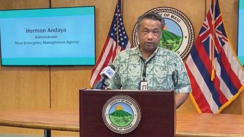 This screengrab obtained August 17, 2023, courtesy of County of Maui shows Herman Andaya, head of ... This screengrab obtained August 17, 2023, courtesy of County of Maui shows Herman Andaya, head of ...