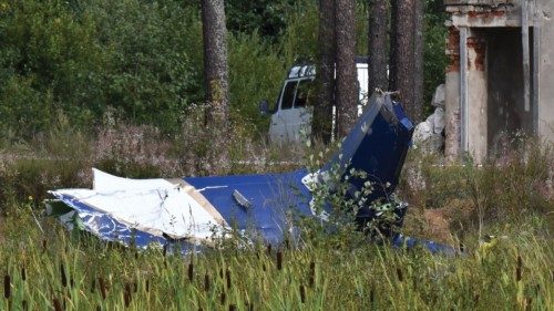 The wreckage of a plane is seen at the crash site near the village of Kuzhenkino, Tver region, on ...