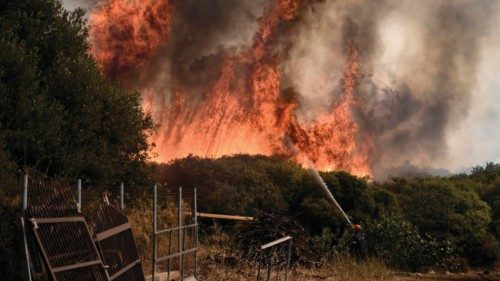 TOPSHOT - A Greek firefighter combats a forest fire spreading in Dikella near Alexandroupoli, ...