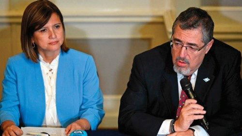 Guatemala's President elect Bernardo Arevalo (R) and Vice-president elect Karin Herrera hold a press ...