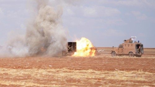 epa10827683 Turkey-backed Syrian fighters show their skills during a military training in Marea ...
