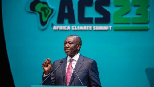 Kenya's President William Ruto delivers his opening remarks during the Africa Climate Summit 2023 at ...