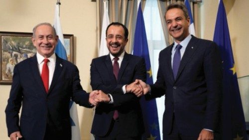 Cyprus President Nikos Christodoulides, Greek Prime Minister Kyriakos Mitsotakis and Israeli Prime ...