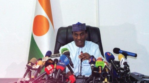 Niger's junta-appointed Prime Minister Ali Mahamane Lamine Zeine speaks during a press conference in ...