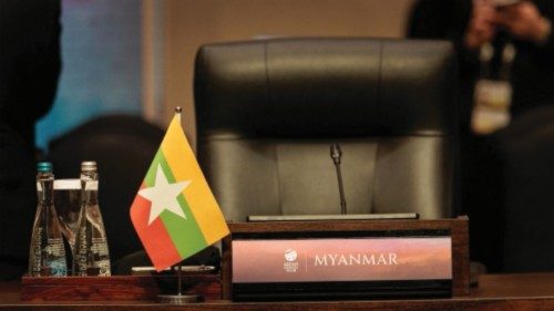 The seat for Myanmar delegation remains empty before the 26th ASEAN-China Summit at the 43rd ASEAN ...
