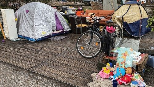 Tents of homeless people are seen in Berlin's Kreuzberg district on March 15, 2021 amid the ongoing ...