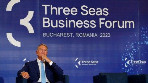epa10845794 Romanian President Klaus Iohannis attends the opening session at the Three Seas ...