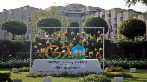 A model of G20 is pictured outside ITC Maurya hotel ahead of the G20 Summit in New Delhi, India, ...