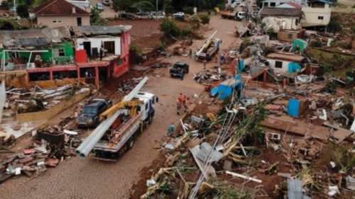 TOPSHOT - Aerial view of the damage caused by a cyclone in Roca Sales, Rio Grande do Sul state, ...