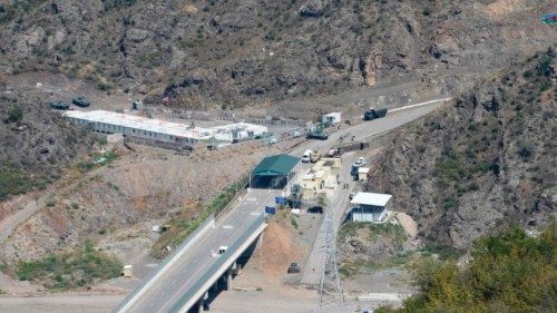 A view shows an Azerbaijani checkpoint at the entry of the Lachin corridor, the Armenian-populated ...