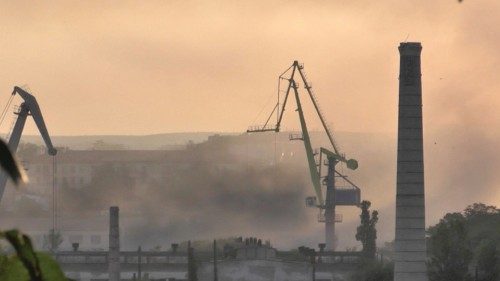 Smoke rises from the shipyard that was reportedly hit by Ukrainian missile attack in Sevastopol, ...