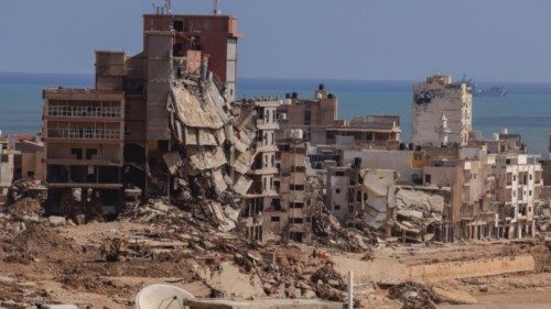 A view shows destroyed buildings in the aftermath of the the deadly storm that hit Libya, in Derna, ...