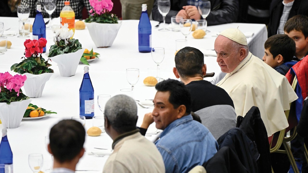 Pope Francis during a lunch with the poor on the occasion of the World Day of the Poor inside of the ...